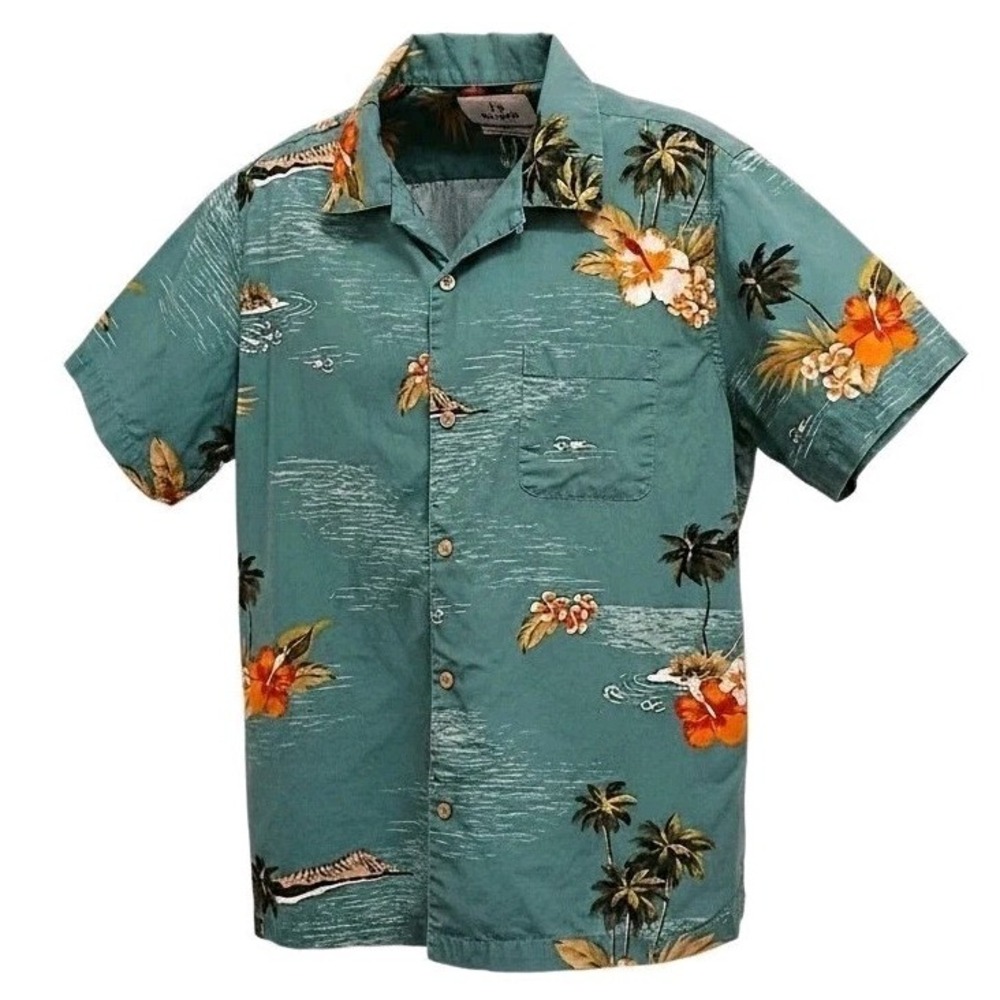 28 Palms Hawaiian Aloha Shirt Tropical Floral Sz L Teal Palm Trees Cotton Pocket